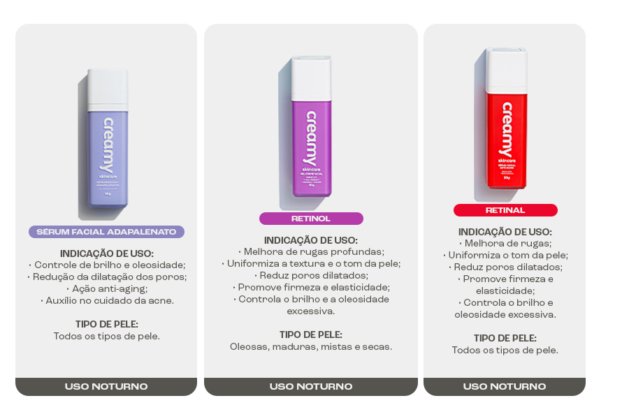 Três produtos de tratamento da Creamy, seus modos de uso e indicações. 