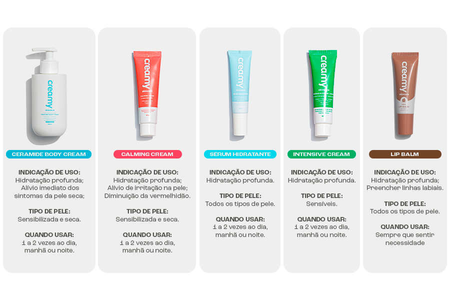 Produtos de hidratação disponíveis no site da Creamy.