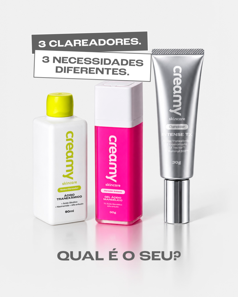 Mancha no buço: é possível removê-la? 2 Três produtos clareadores, um do lado do outro, nesta ordem: ácido tranexâmico, ácido mandélico e intense TX.