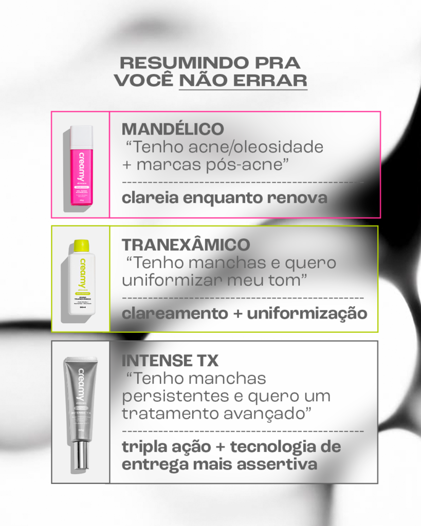 Mancha no buço: é possível removê-la? 4 Moléculas ao fundo, com a explicação de como escolher cada produto.