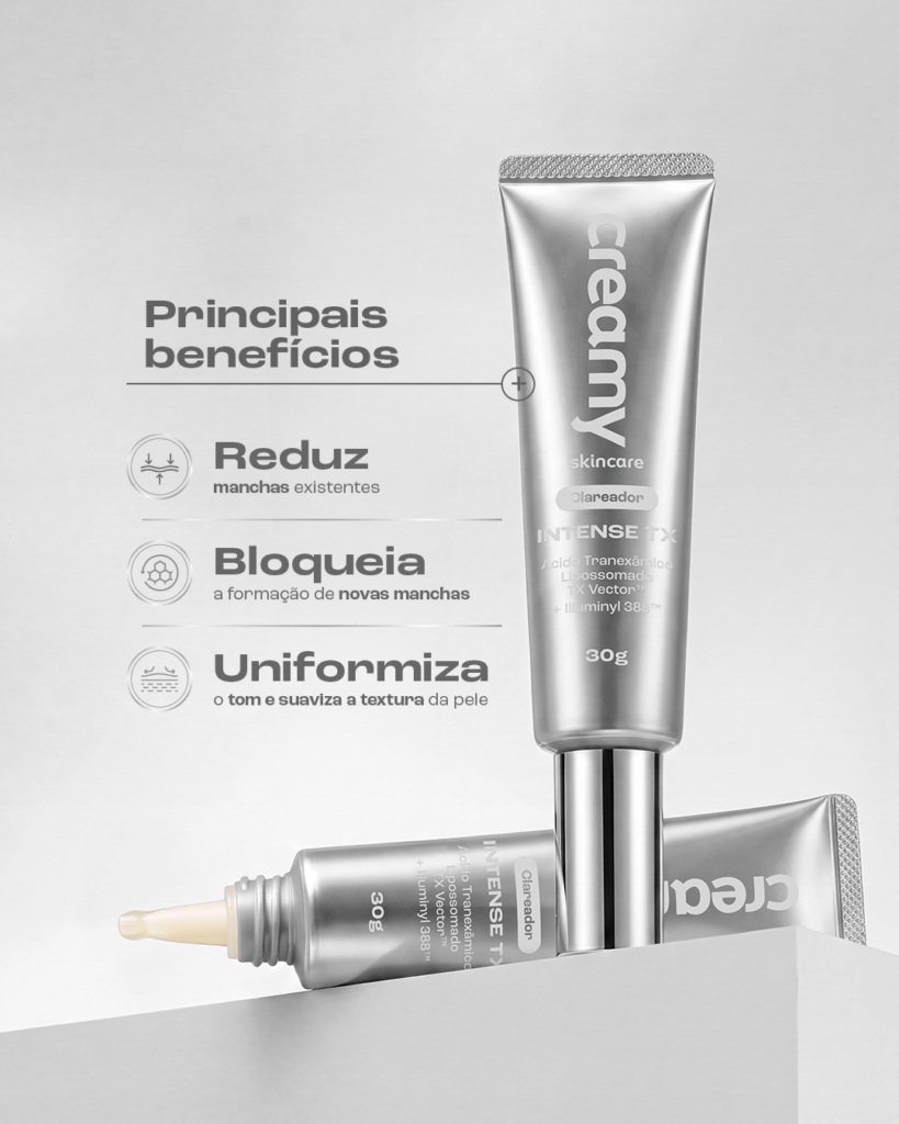 Ácido Tranexâmico para melasma: entenda os benefícios e como usar 4 Dois intenses TX, um de pé e um deitado, com linhas ao lado explicando os benefícios do produto.
