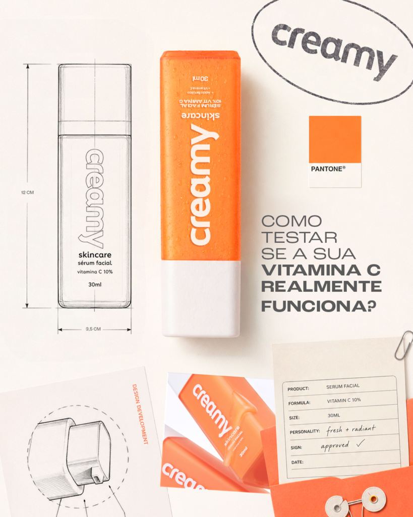 Vitamina C no skincare: aprenda como incorporar à sua rotina 2 "Arquivo" da Vitamina C, com a embalagem desenhada, o frasco e imagens do produto.