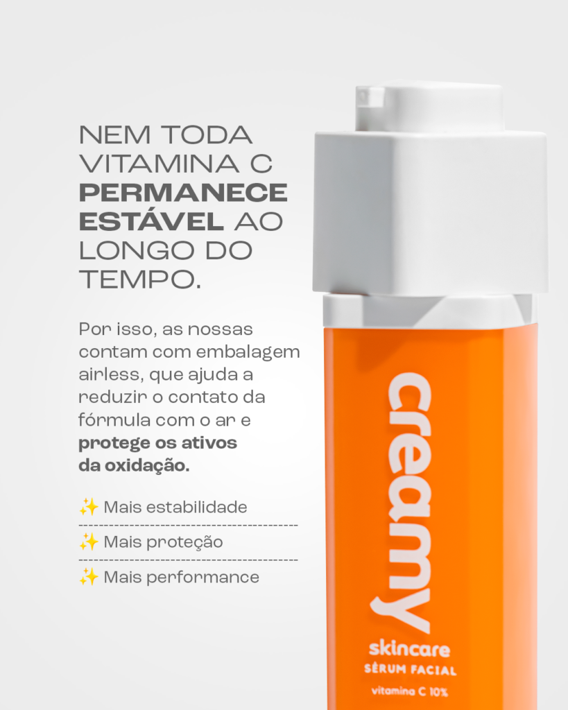 Vitamina C no skincare: aprenda como incorporar à sua rotina 3 Vitamina C 10% da Creamy levemente aberta, com uma explicação ao lado.