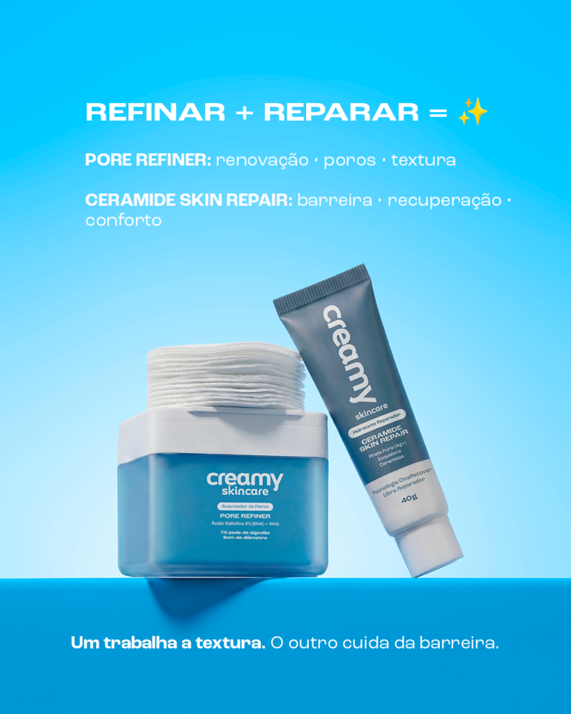 Glass Skin e Cloud Skin: entenda a diferença entre eles e como conquistar 4 Uma imagem de fundo azul, com o Pore Refiner e o Ceramide Skin Repair, produtos da Creamy, um do lado do outro.
