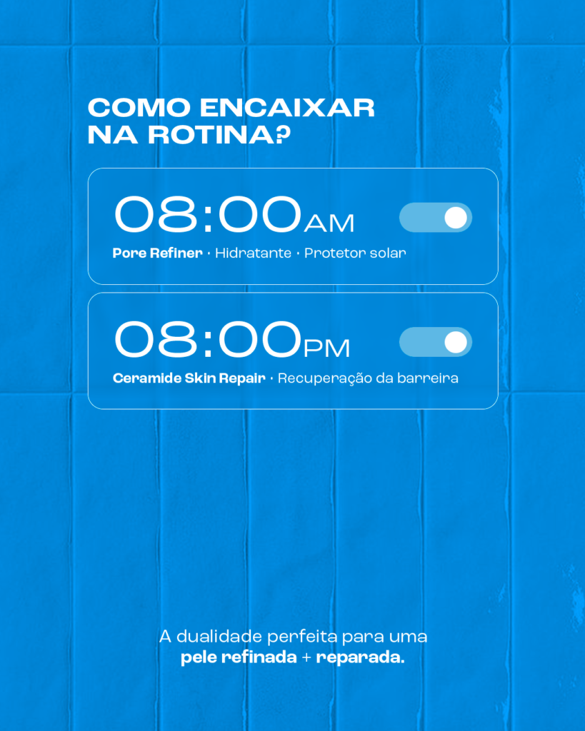 Glass Skin e Cloud Skin: entenda a diferença entre eles e como conquistar 5 Imagem de fundo azul, com dois lembretes de horário na tela indicando a melhor rotina para manhã e noite.